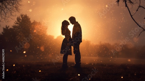 A romantic silhouette of a couple standing and kissing, summer sunset with a beautiful bokeh from raindrops.
