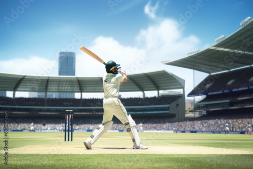 A cricket player hits the ball while the crowd is watching. \
Cricket players playing cricket at a stadium. White jersey cricket player hit ball out of stadium and take century on his name. Cricket bat
