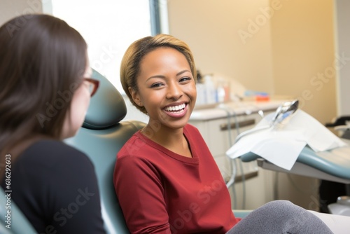 A woman is getting teeth whitening from a dentist on lay down a dentist s chair with the patient and smiles over the smiling woman in her mouth. Professional doctor fixing her teeth during dental proc