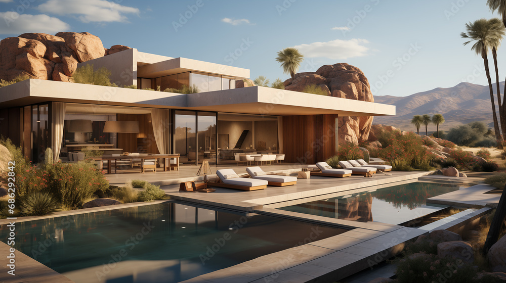 Obraz premium luxury modern backyard with a swimming pool, 3d rendering
