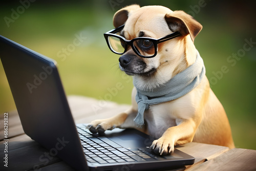 Cute dog looking computer laptop in glasses. © Pacharee