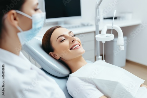A woman is getting teeth whitening from a dentist on lay down a dentist's chair with the patient and smiles over the smiling woman in her mouth. Professional doctor fixing her teeth during dental proc