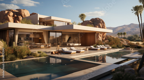 luxury modern backyard with a swimming pool, 3d rendering © ksu_ok