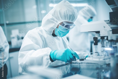 A Scientist virus researcher in Forensic laboratory in a protective suit working on making virus antidote to cure the virus from pandemic and quarantine. Scientist in Forensic Lab. photo