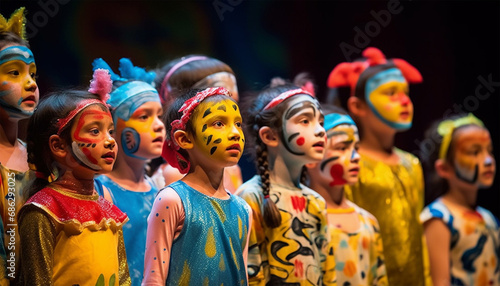 Children Performance on a School Theater Stage. Singing a song school musical. Concept: Big Evening Event is on an Open Day at School. Parents and Grandparents in an Audience Hall photo