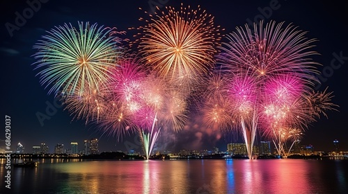 Night view of Fireworks over the city at night near the water .and fireworks in the city harbor.