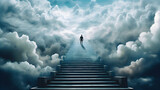 solitary figure ascends a staircase to the heavens, enveloped by majestic clouds, symbolizing a journey towards a higher purpose or achievement