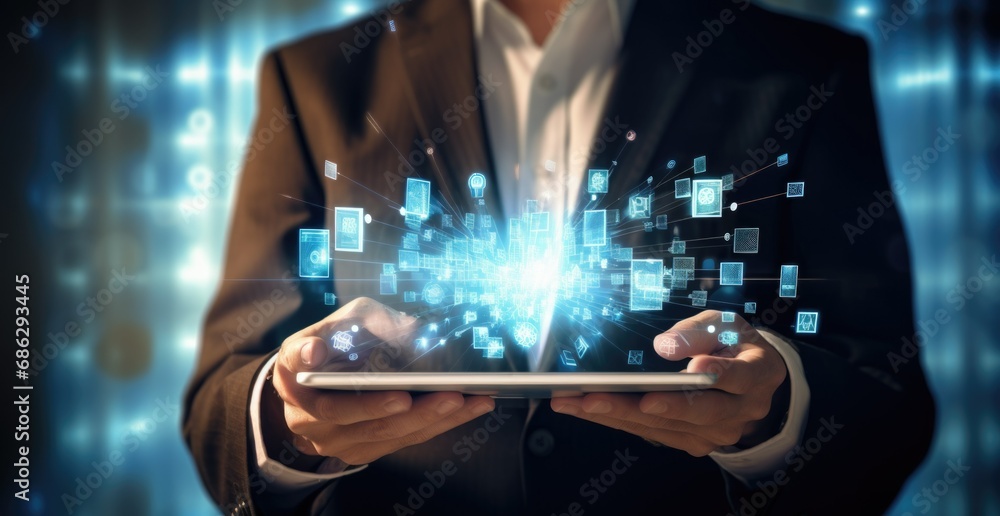 A professional in a suit interacts with holographic digital data while holding a tablet, showcasing advanced technology in a modern setting A professional in a suit interacts with holographic digital data while holding a tablet, showcasing advanced technology in a modern setting
