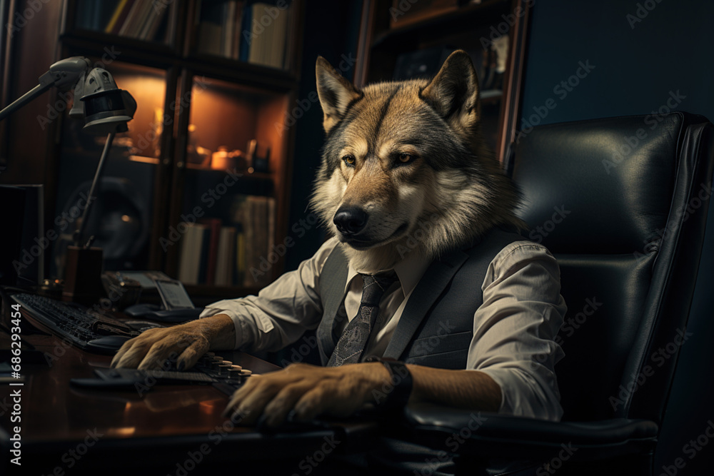 Business management concept. Hairy male wolf serious in an expensive formal suit, the king of beasts, the big boss is sitting in a luxurious chair in the office room. 
