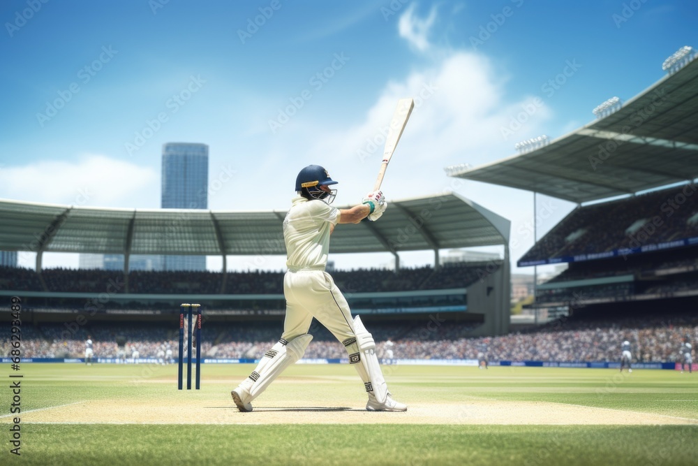 A cricket player hits the ball while the crowd is watching.
Cricket players playing cricket at a stadium. White jersey cricket player hit ball out of stadium and take century on his name. Cricket bat
