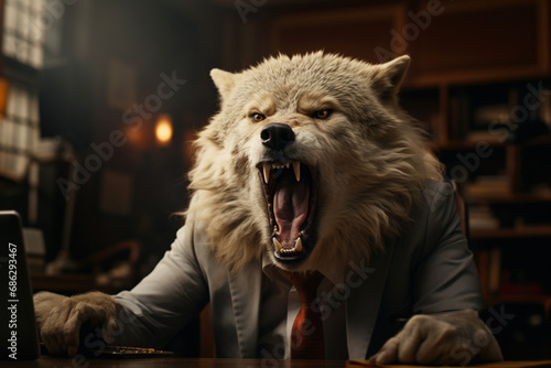 Male wolf serious in an expensive formal suit, the king of beasts with mane, the big boss is sitting in a luxurious chair in the office room. Business management concept.