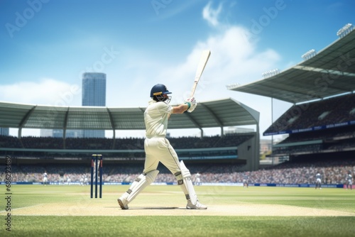 A cricket player hits the ball while the crowd is watching. 
Cricket players playing cricket at a stadium. White jersey cricket player hit ball out of stadium and take century on his name. Cricket bat photo