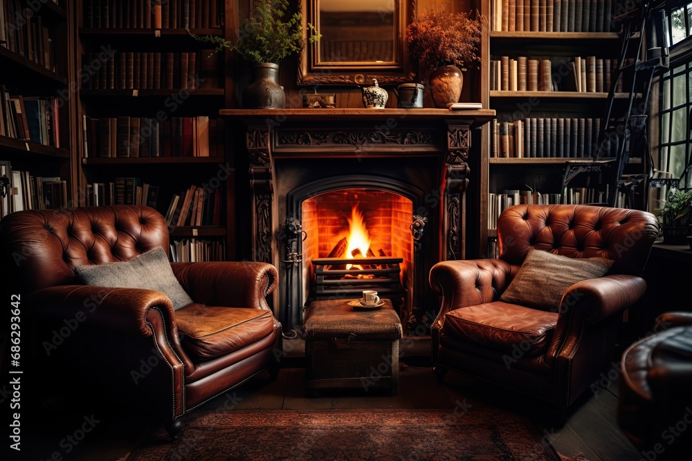 Living room with crackling fireplace, vintage leather armchairs warm dim lighting with bookshelf filled antique books - obrazy, fototapety, plakaty 