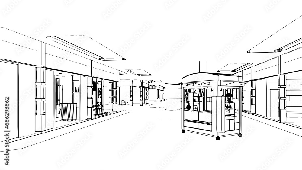 department store hall space line drawing Store page of products and services,3d rendering