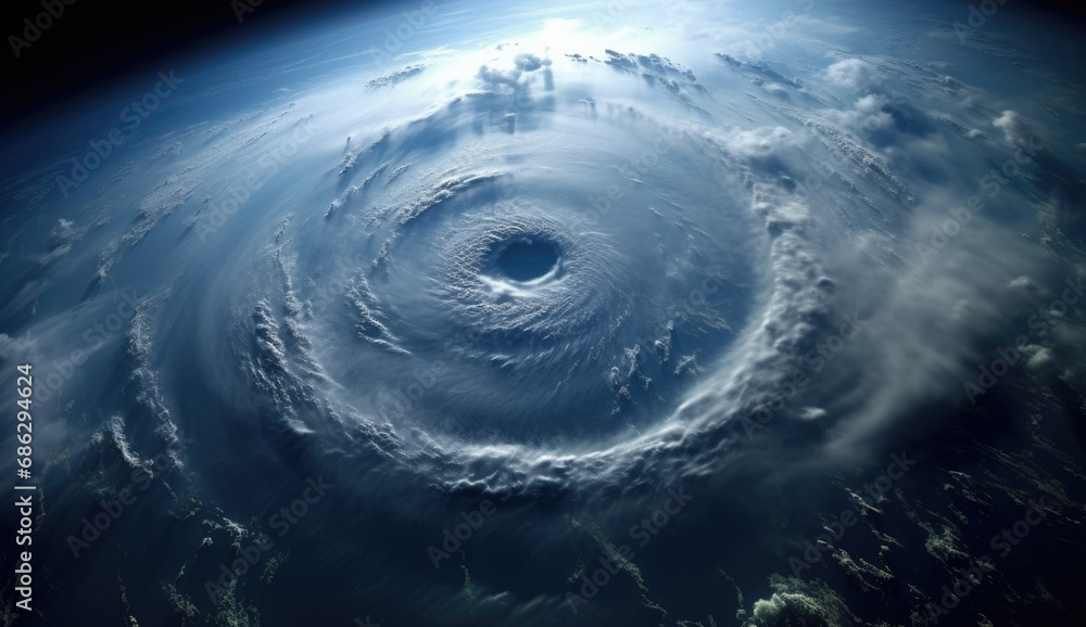 an aerial shot from space a hurricane shows an apocalypse on the earth and lightning toward the ground city. Apocalypse, Tornado, Hurricane, Disaster.