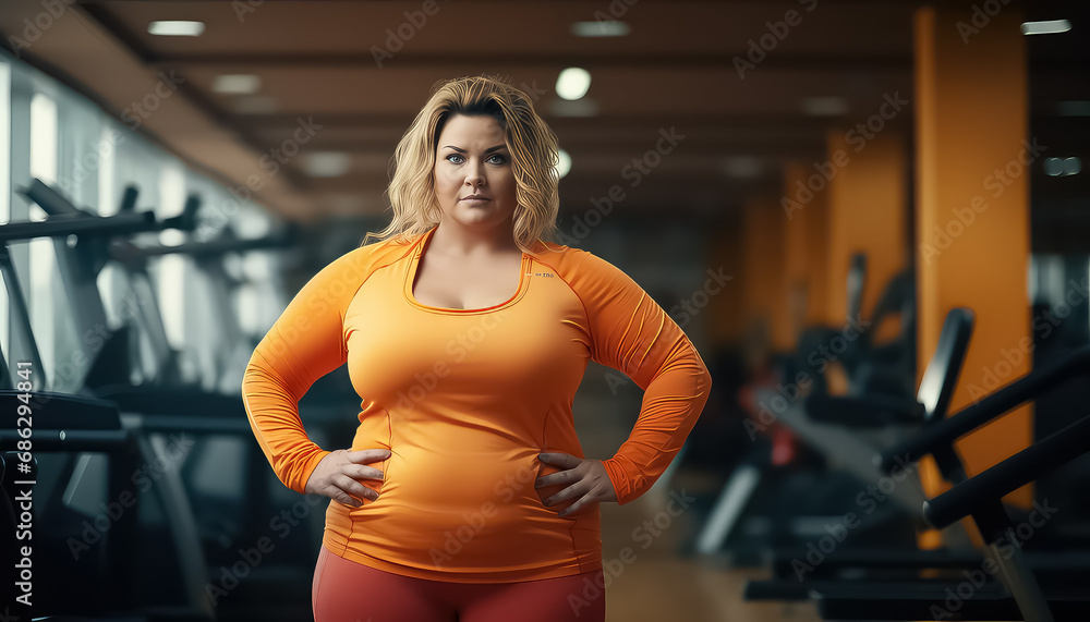 Fat woman in orange tracksuit in fitness room, March 8 World Women's Day