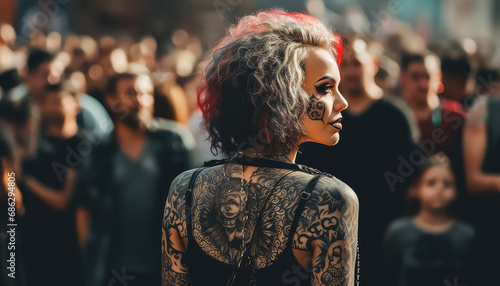 Woman in the crowd with tattoos all over her back and neck, March 8 World Women's Day
