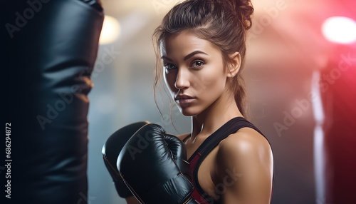 Woman with strong look in boxing gloves in gym, March 8 World Women's Day