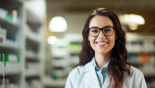 Female pharmacist in white coat in laboratory, March 8 World Women's Day