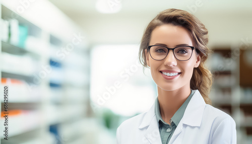 Female pharmacist in white coat in laboratory, March 8 World Women's Day