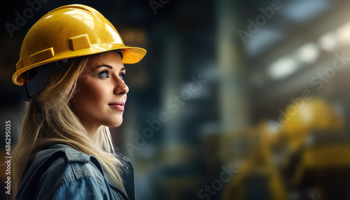 Woman in construction helmet at production factory, March 8 World Women's Day © terra.incognita