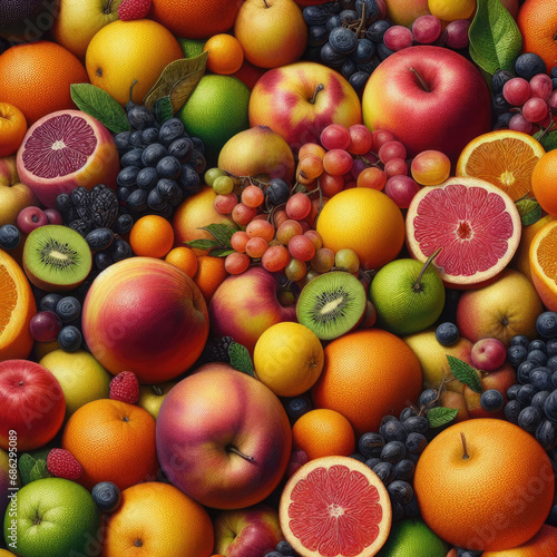 IA generativa. Arrange fruits into sections or part background such as green and red apple orange and grape on fruit festival.