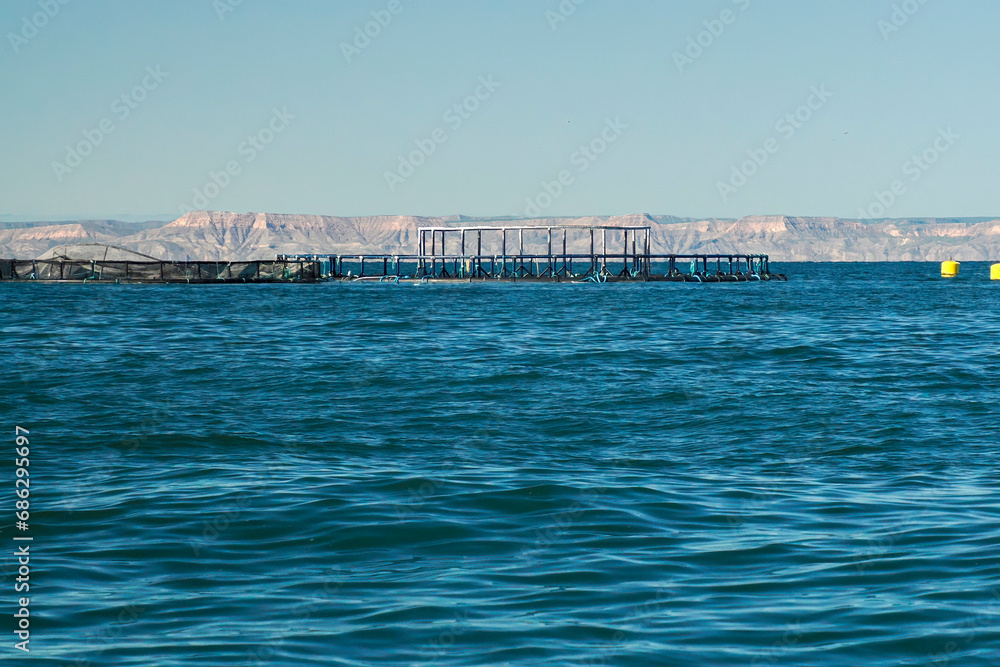 Fish farm in cortez sea baja california sur landscape from boat