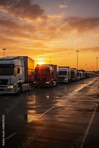 trucks parked in the parking lot at sunrise