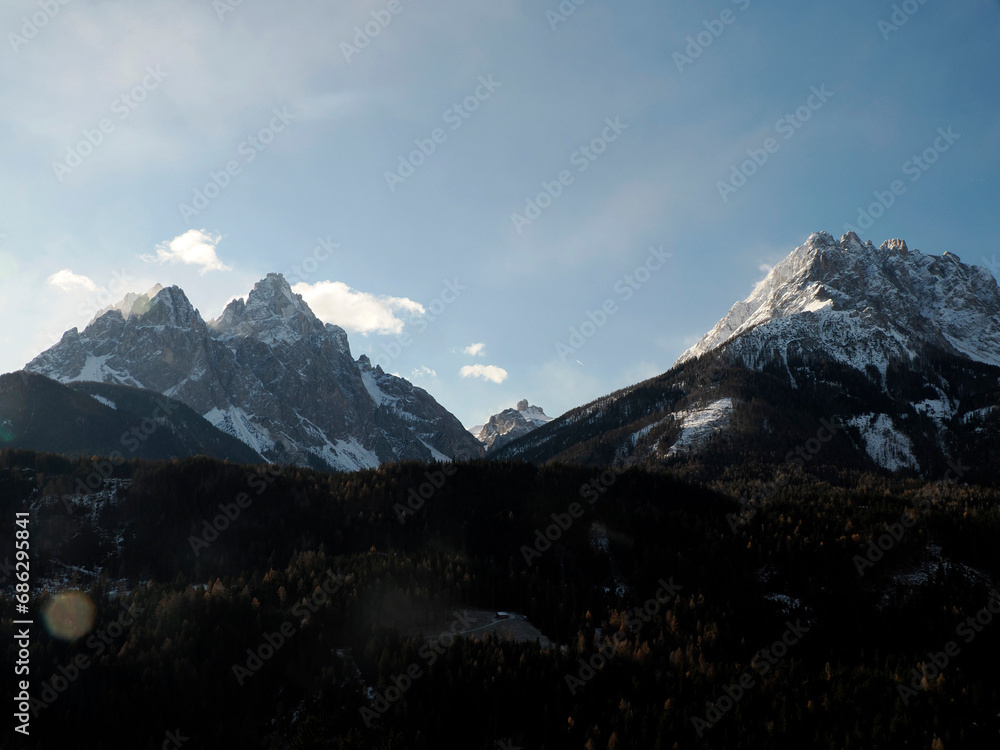 Dolomites park of Lavaredo Peaks of Mountain Rudo, Croda dei Rondoi, Torre dei Scarperi, Croda dei Baranci, Cima Piatta Alta, Tre Cime di Lavaredo, view from Versciaco Dobbiaco Dolomites park of Lavaredo Peaks of Mountain Rudo, Croda dei Rondoi, Torre dei Scarperi, Croda dei Baranci, Cima Piatta Alta, Tre Cime di Lavaredo, view from Versciaco Dobbiaco