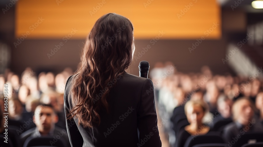 Back view of business woman female brunette long hair motivational speaker in front of her audience at a conference - obrazy, fototapety, plakaty 