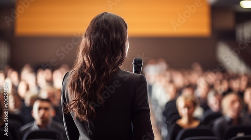 Back view of business woman female brunette long hair motivational speaker in front of her audience at a conference