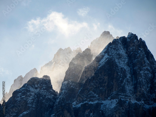 Windy day on Dolomites park of Lavaredo Peaks of Mountain Rudo, Croda dei Rondoi, Torre dei Scarperi, Croda dei Baranci, Cima Piatta Alta, Tre Cime di Lavaredo, view from Versciaco Dobbiaco photo