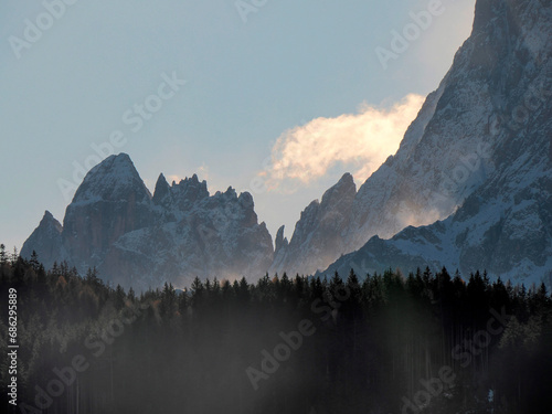 Dolomites park of Lavaredo Peaks of Mountain Rudo, Croda dei Rondoi, Torre dei Scarperi, Croda dei Baranci, Cima Piatta Alta, Tre Cime di Lavaredo, view from Versciaco Dobbiaco photo