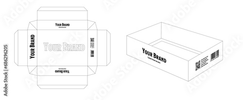 Editable outline vector image of box with dieline box on neutral background