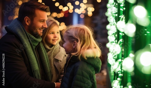 Dad with his daughter looking to green lighting on Christmas, Man with two cute girls decorate the garden by lightings