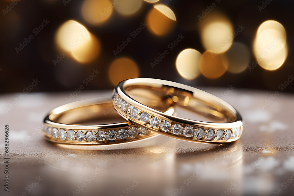 Two gold wedding ring on bokeh background. - obrazy, fototapety, plakaty 