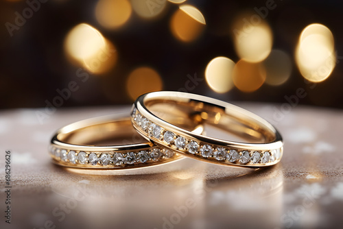 Two gold wedding ring on bokeh background. photo