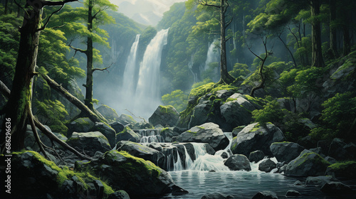 A serene panoramic view of waterfall in the forest © PZ Studio