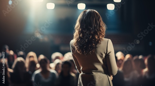 Back view of female brunette long curly hair motivational speaker in front of her conference meeting audience photo
