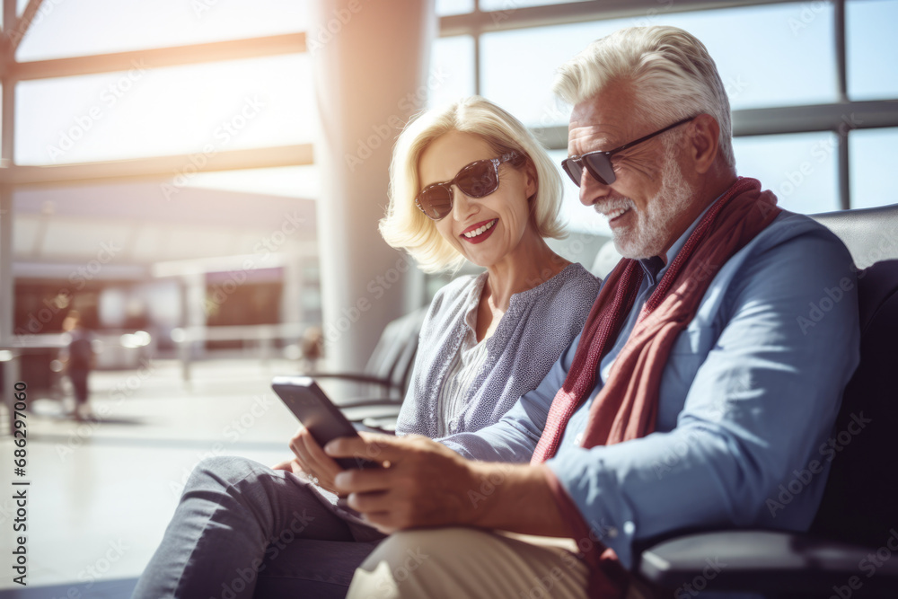 Obraz premium Portrait of happy senior couple tourists waiting to checkin in the airport. Reviewing the trip itinerary on the smartphone