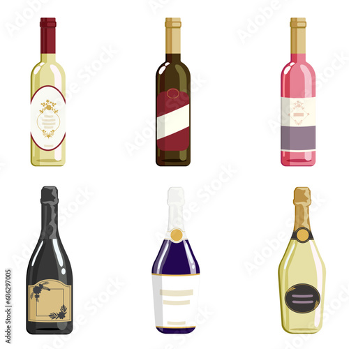 Doodle bottles. Cartoon champagne, wine and prosecco alcohol drinks in vintage fancy glass bottles. Vector illustration EPS10.
