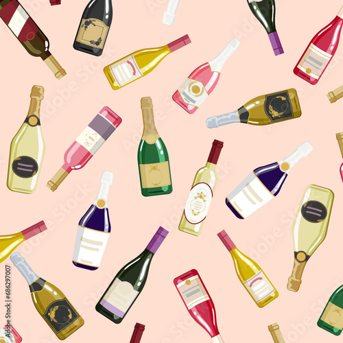 Seamless print with doodle cartoon champagne, wine and prosecco alcohol drinks in vintage fancy glass bottles. Vector illustration EPS10.