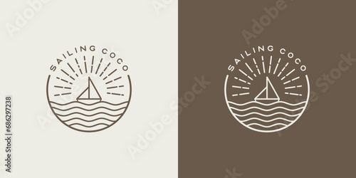 Vintage sailing ship and wave emblem vector logo design