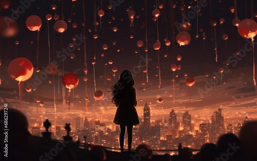 Red balloons out into the city sky girl looking at them, Red lamp light in sky