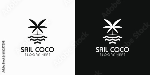 Coconut tree vector logo design with ship sail and water waves