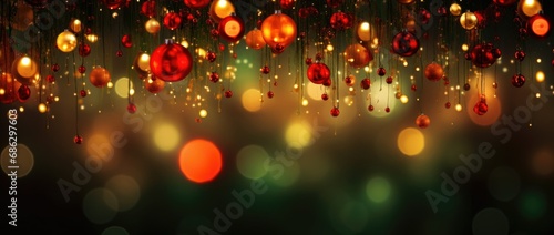 Red balls and bokeh blur Christmas and New year background, red balls abstract background