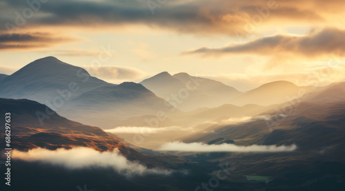 Tranquil Scottish landscape with mountains, a lake, and soft clouds.