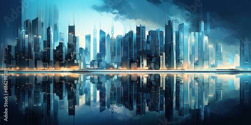 Futurestic city in blue tones with the reflection. © Koray