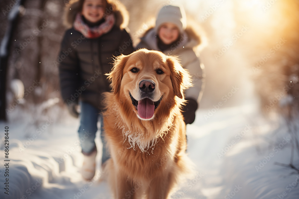 Happy family walking their pet golden retriever in the winter forest outdoors. Active Christmas winter holidays. - obrazy, fototapety, plakaty 