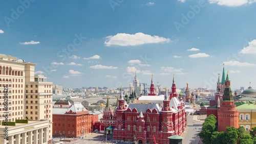 View of Manezh Square, Hotel Moscow, historical Museum and Kremlin aerial timelapse at cloudy summer day from rooftop in Moscow, Russia.